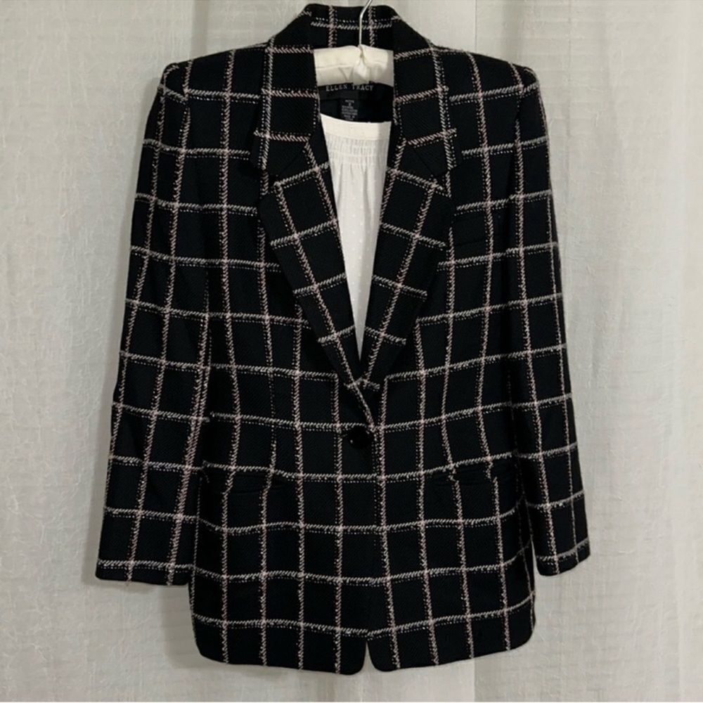 LA x ET 2P Black White Pink Metallic Plaid Collared One Button Tweed Blazer